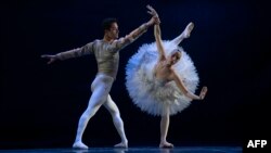 FILE - Mantan anggota Balet Bolshoi Moskow, penari Brazil David Motta (kiri), meninggalkan Rusia karena perang di Ukraina, saat latihan 'Swan Lake' di Teater Kota Rio de Janeiro di Rio de Janeiro, Brazil, 12 Mei 2022. (Mauro PIMENTEL / AFP)