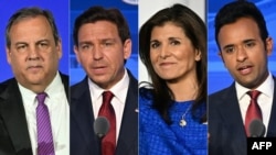 Empat kandidat Capres Partai Republik yang akan ikuti debat, dari kiri: mantan Gubernur New Jersey Chris Christie, Gubernur Florida Ron DeSantis, mantan Gubernur South Carolina Nikki Haley, dan pengusaha Vivek Ramaswamy. 