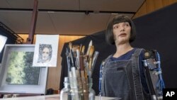 FILE- Humanoid robot Ai-Da at the ITU's 'AI for Good' Global Summit in Geneva, Switzerland, July 5 2023. Robotics innovators, their creations joined diplomats in Geneva from July 6-7.