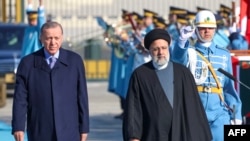 Presiden Turki Recep Tayyip Erdogan (kiri) dan Presiden Iran Ebrahim Raisi (kanan) memeriksa barisan pasukan pengawal kehormatan saat upacara penyambutan di Ankara, 24 Januari 2024. (Adem ALTAN / AFP)