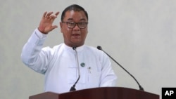 FILE - Major General Zaw Min Tun, spokesperson for the Myanmar junta, speaks during a media tour, in Naypyitaw, Myanmar, July 21, 2023.
