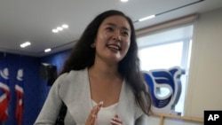 Tsenguun Saruulsaikhan, then a candidate vying for a position in Mongolia's parliament, speaks at a party headquarters in Ulaanbaatar, Mongolia, June 27, 2024.