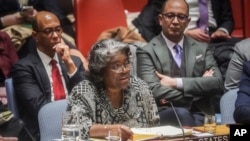 FILE- US United Nations Ambassador Linda Thomas-Greenfield addresses a meeting of the United Nations Security Council on the war in Gaza, on March 11, 2024, at UN headquarters.