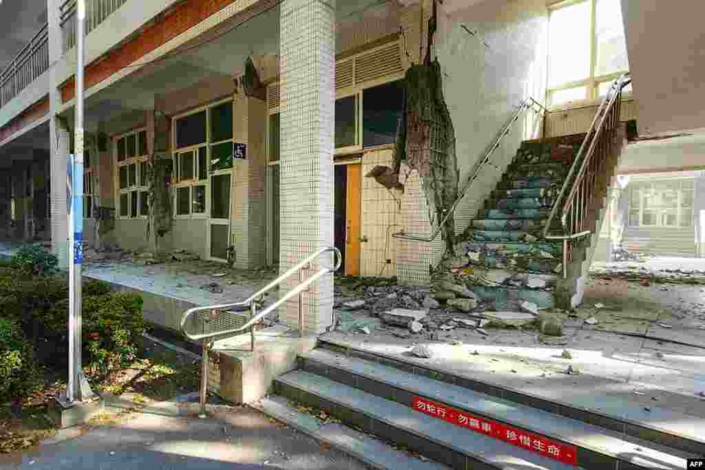 This UGC handout from a user known as Xiaohe shows damage to a building in the National Hualien Girls' High School in Hualien on April 3, 2024, after a major earthquake hit Taiwan's east.