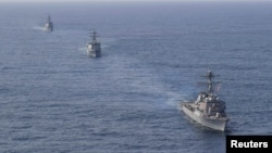 미한일 해군이 지난 4월 한국 동해상에서 북한의 핵 미사일 위협에 대응하기 위한 미사일 방어훈련을 실시했다. 미국의 벤폴드함, 한국의 율곡이이함, 일본 아타고함 등 세 나라의 이지스 구축함이 참가했다. 한국 국방부 제공 사진.