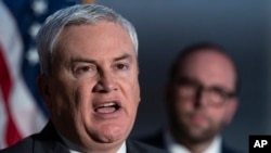 FILE - House Oversight and Accountability Committee Chairman James Comer, R-Ky., speaks to reporters about the Republican impeachment inquiry of President Joe Biden prior to a Ways and Means Committee hearing at the Capitol in Washington, Dec. 5, 2023. 