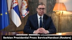 Serbian President Aleksandar Vucic is seen after signing a decree to dissolve the parliament and schedule an early election in Belgrade, Nov. 1, 2023. 