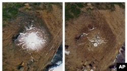 FILE - This combination of Sept. 14, 1986, left, and Aug. 1, 2019 photos provided by NASA shows the shrinking of the Okjokull glacier on the Ok volcano in west central Iceland. (NASA via AP)