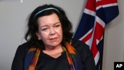 FILE - Karen Pierce takes reporters' questions in New York, Feb. 7, 2020. Pierce, the U.K. ambassador to the U.S., says Britain and the U.S. are among each other’s biggest trading partners, and it would benefit both to cement that in a new pact.