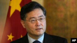 中国外交部长秦刚在开罗出席记者会。（资料照片，2023年1月15日）