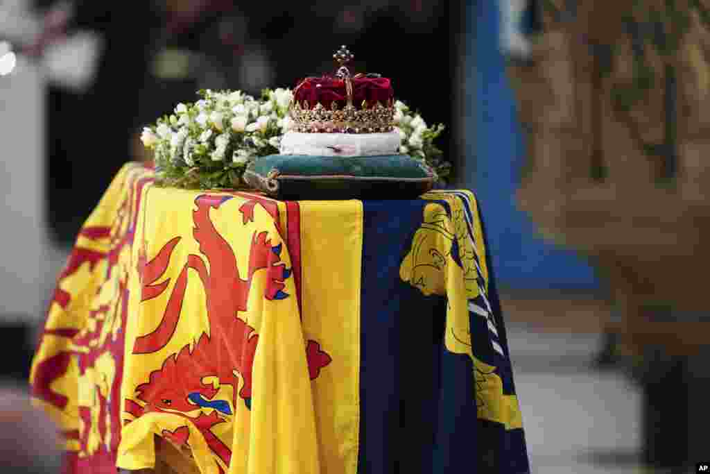 The Crown of Scotland sits atop the coffin of Queen Elizabeth II during a Service of Prayer and Reflection for her life at St. Giles' Cathedral, Edinburgh, Sept. 12, 2022.