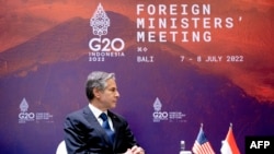 U.S. State Secretary Antony Blinken attends a meeting with Indonesia's Foreign Minister Retno Marsudi during the G-20 Foreign Ministers' Meeting in Nusa Dua on the Indonesian resort island of Bali on July 8, 2022. 