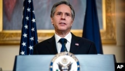 资料照片：美国国务卿布林肯在美国国务院发表外交政策讲话。(2021年3月3日)