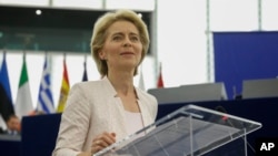 Germany's Ursula von der Leyen addresses European Parliament members after being elected as the new European Commission President at the European Parliament in Strasbourg, eastern France, July 16, 2019.