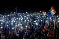 People take part in a protest for media freedom in Budapest, Hungary, July 24, 2020.