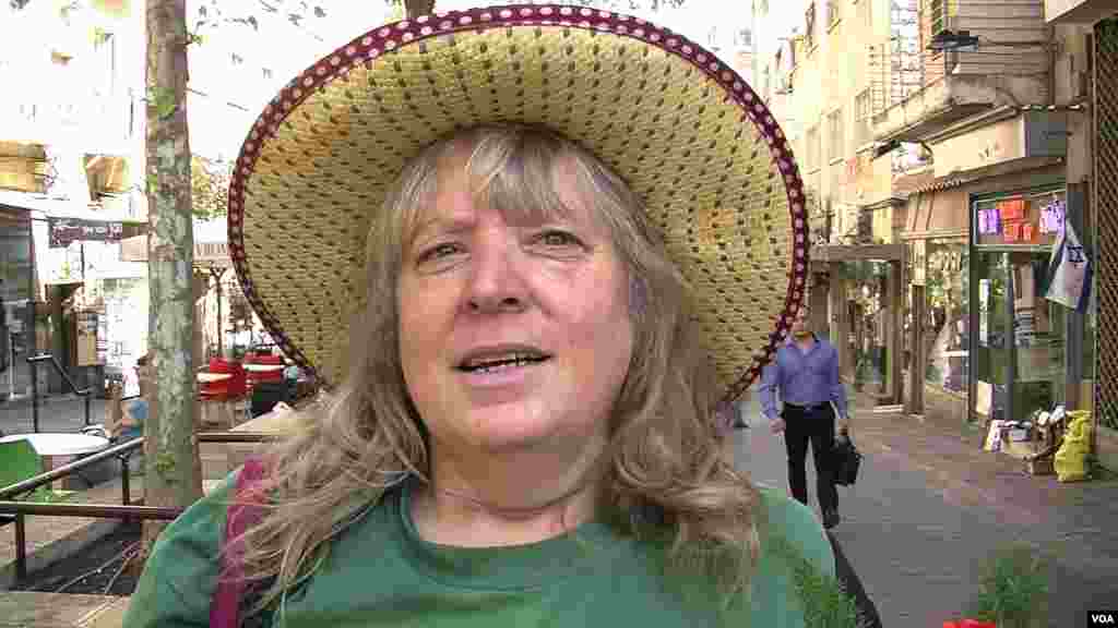 Ruth Harif, an Israeli homemaker, said about the U.S. election "Tragedy. It's an absolute tragedy. I have two daughters, two grandsons living in America and I have been following very carefully what Obama has been up to." (S. Bobb/VOA)