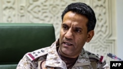 Spokesman of the Saudi-led military coalition in Yemen Colonel Turki al-Maliki speaks during a press conference in the capital Riyadh on March 22, 2021.
