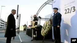 Belgium's King Philippe after laying a wreath during the one-year anniversary service at Zaventem Airport in Brussels, March 22, 2017. 