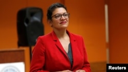 U.S. Congresswoman Rashida Tlaib listens to a question from a constituent during a Town Hall style meeting in Inkster, Michigan, U.S. August 15, 2019. (REUTERS)