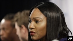 Tennis great Serena Williams talks to reporters at a news conference in New York, March 8, 2016. Williams says fellow tennis pro Maria Sharapova "showed a lot of courage" in taking responsibility for her failed drug test.