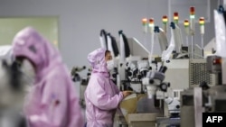 资料照片：江苏省泗洪县一个芯片工厂的工人在生产线上。（法新社2020年2月16日照片）