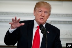 FILE - President Donald Trump speaks during a meeting at the White House.