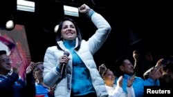 Ecuadorian presidential candidate Luisa Gonzalez speaks during a presidential election night event, in Quito, Ecuador Aug. 20, 2023.