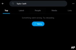 This screenshot made on Monday, Jan. 29, 2024, shows a Taylor Swift search error on social media platform X. (AP Photo)