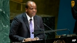 King Mswati III, of Swaziland, which now calls itself Eswatini, addresses the 74th session of the United Nations General Assembly, Sept. 25, 2019. 