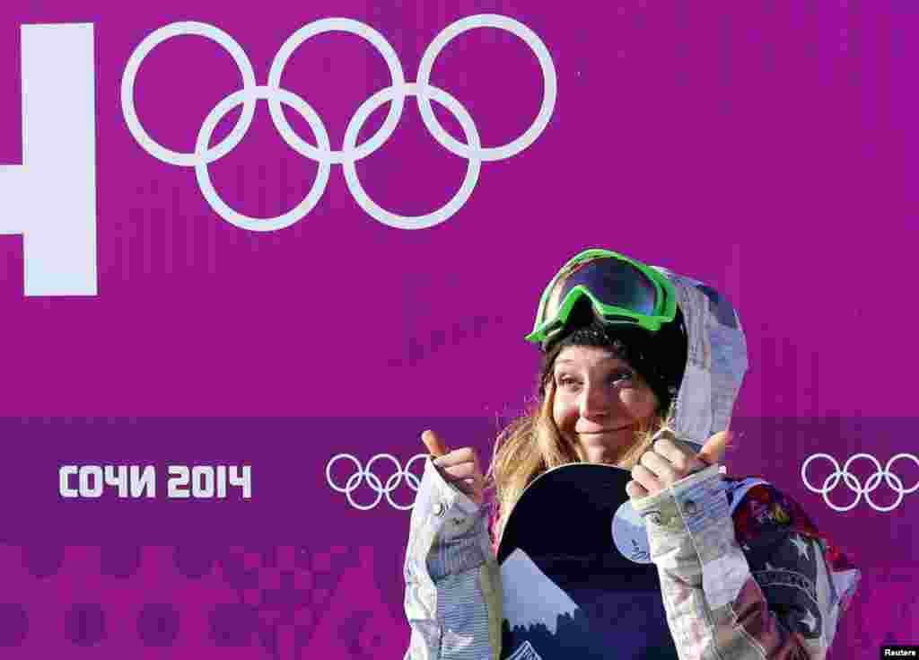 Jamie Anderson of the U.S. gestures at the finish line during the women's snowboard slopestyle qualifying session at the 2014 Sochi Olympic Games, Feb. 6, 2014. 