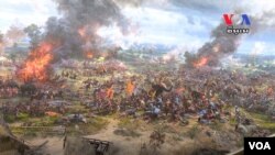 A mural of Angkorian civil war at the North Korea’s Angkor Panorama Museum in Siem Reap, Cambodia.