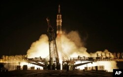 The Soyuz-FG rocket booster with Soyuz MS-03 space ship carrying a new crew to the International Space Station blasts off at the Russian-leased Baikonur cosmodrome, Kazakhstan, Nov. 18, 2016.