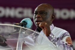 Ivorian presidential candidate Kouadio Konan Bertin speaks to supporters on Oct. 4, 2020 in Abidjan.