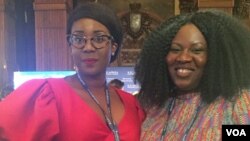 Participants Frances Udukwu (L), Miss Africa USA and founder of The Lead Girl Foundation, and Omolola Adele-Oso, co-founder and executive director of Act4Accountability are seen at the U.S.-Africa Business Forum in New York, Sept. 21, 2016. (C. Saine/VOA)