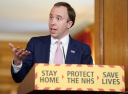 Britain's Health Secretary Matt Hancock speaks during a daily news conference on the coronavirus outbreak, at 10 Downing Street in London, April 27, 2020.