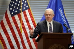 Attorney General Jeff Sessions speaks to federal, state and local law enforcement officials about sanctuary cities and efforts to combat violent crime, July 12, 2017, in Las Vegas.