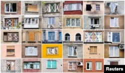 FILE - A combination photograph of windows of homes destroyed after shelling in Ukraine's Donbas region during October 2014.