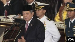 Presiden Susilo Bambang Yudhoyono saat memberikan pidato kenegaraan hari Selasa pagi (16/8). Dalam pidatonya, SBY membeberkan peningkatan prestasi Indonesia dalam memberantas korupsi.