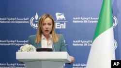 Italy's Prime Minister Giorgia Meloni speaks during a conference in Tripoli, Libya, Jan. 28, 2023.