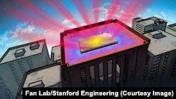 This illustration shows a reflective panel that is coated with a material invented by Stanford engineers, designed to help cool buildings without air conditioning. (Fan Lab, Stanford Engineering) 