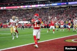 Kansas City Chiefs wide receiver Mecole Hardman Jr. (12) scores a touchdown against the San Francisco 49ers in overtime during Super Bowl LVIII at Allegiant Stadium. (Kirby Lee-USA TODAY Sports)