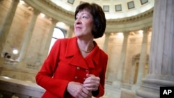 Sen. Susan Collins, R-Maine, a member of the Senate Appropriations Committee and the Senate Intelligence Committee, finishes a television news interview on Capitol Hill in Washington, March 28, 2017.
