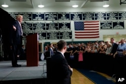 Republican presidential candidate Donald Trump speaks during a campaign rally at Windham (N.H.) High School, Aug. 6, 2016.