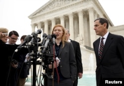 FILE - Abigail Fisher, the plaintiff in Fisher v. Texas, speaks outside the U.S. Supreme Court in Washington, Dec. 9, 2015.