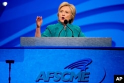 Democratic presidential candidate Hillary Clinton speaks at the American Federation of State, County and Municipal Employees 42nd International Convention at the Las Vegas Convention Center in Las Vegas, July 19, 2016.