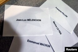 Names of 2017 French presidential election candidates are printed during the first round of 2017 French presidential election in Paris, France, April 23, 2017.