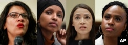 In this combination image from left; Rep. Rashida Tlaib, D-Mich., Rep. Ilhan Omar, D-Minn., Rep. Alexandria Ocasio-Cortez, D-NY., and Rep. Ayanna Pressley, D-Mass.