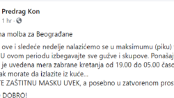 Predrag Kon apelovao je na Fejsbuku na građane da nose maske