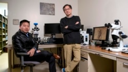 In this January 30, 2020 photo, Virginia Tech geobiology professor Shuhai Xiao, right, poses for a picture with his postdoctorate colleague Qing Tang inside Virginia Tech's Derring Hall. (Virginia Tech)