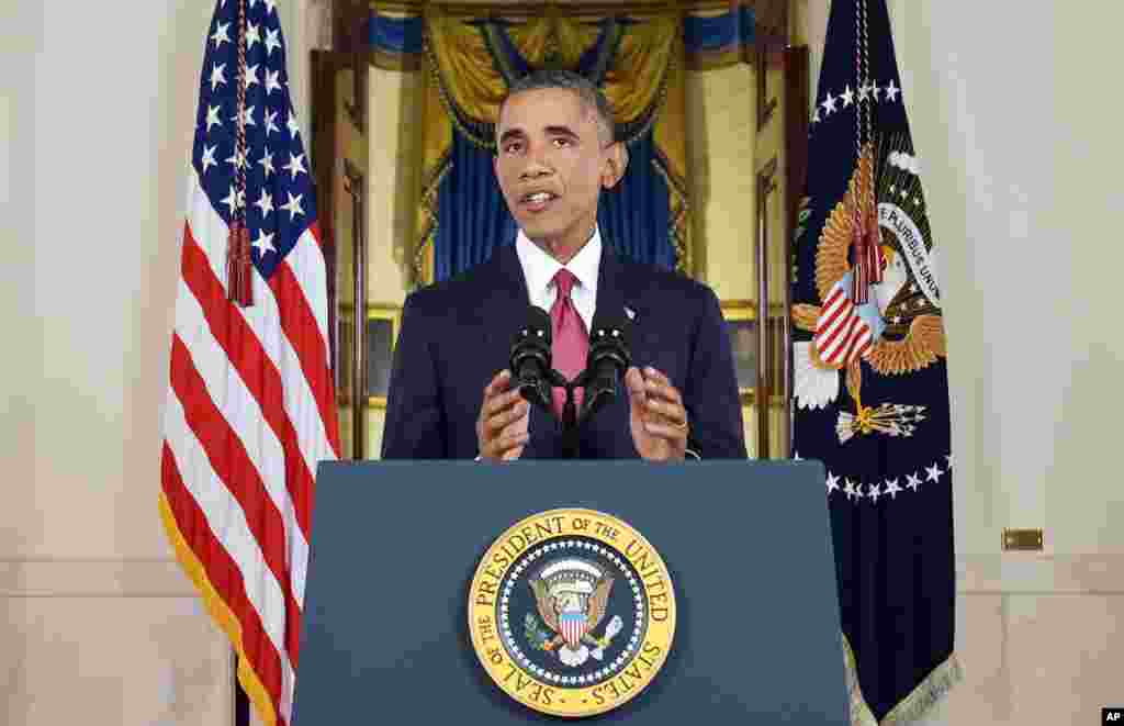 President Barack Obama addresses the nation, ordering the United States into a broad military campaign to &ldquo;degrade and ultimately destroy&rdquo; Islamic State militants, Washington, Sept. 10, 2014.